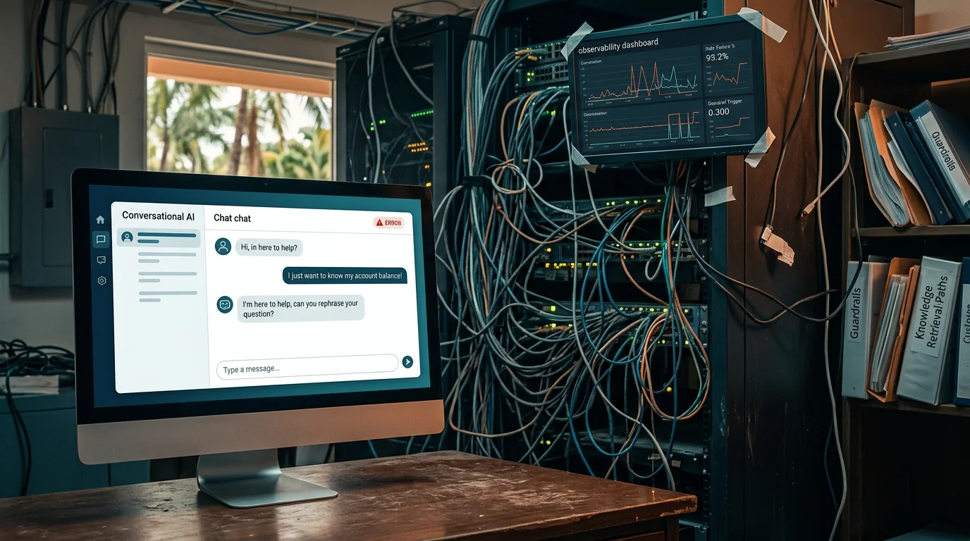 A chatbot fails to answer a basic account question while tangled infrastructure and monitoring screens sit behind it.