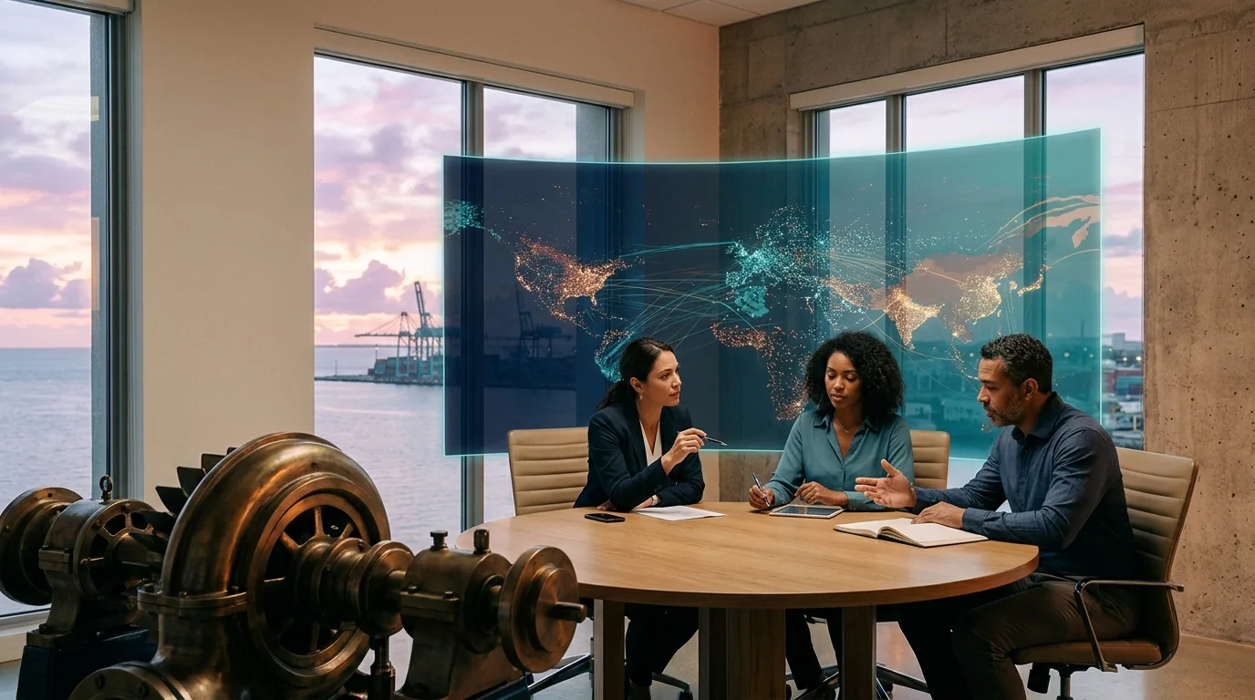 Executives compare a legacy industrial machine with a digital global network map.