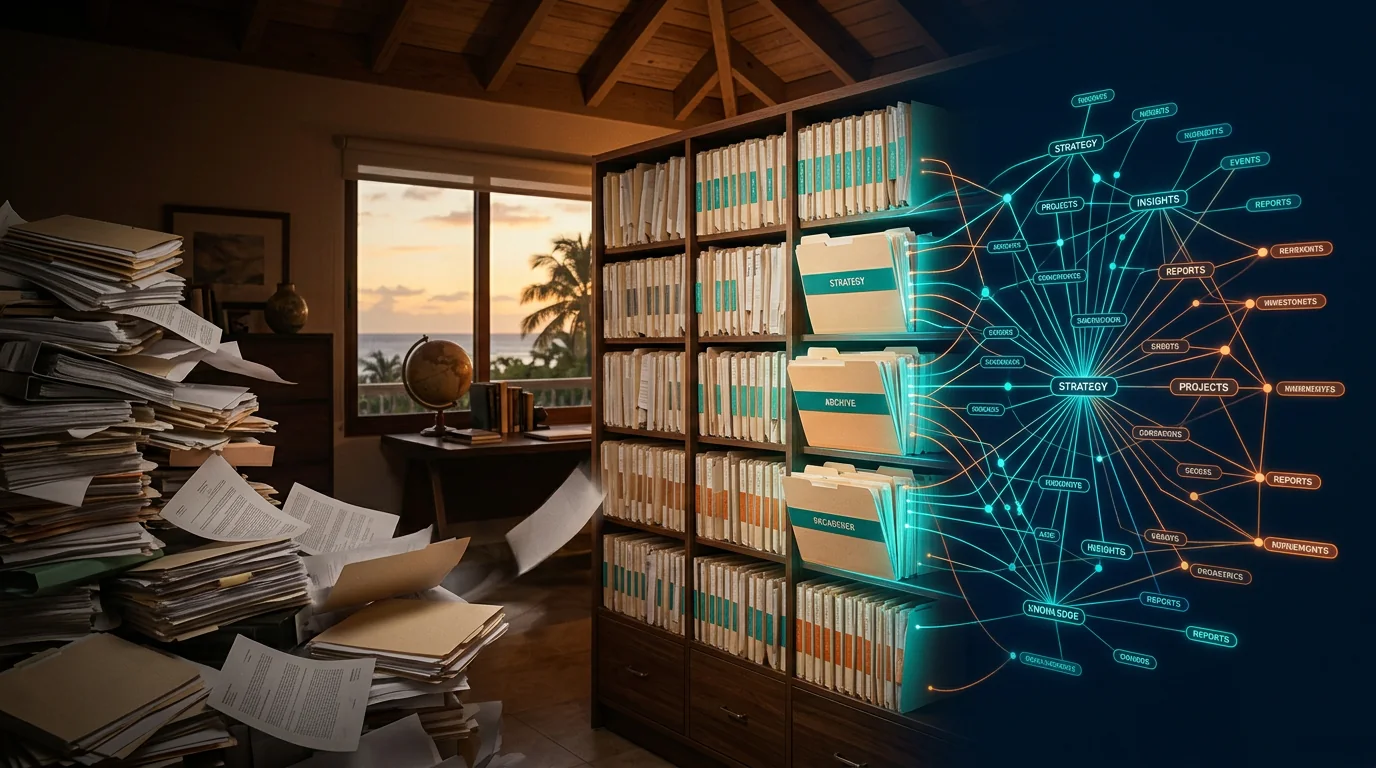 Loose documents become organized files and then a connected digital knowledge graph.