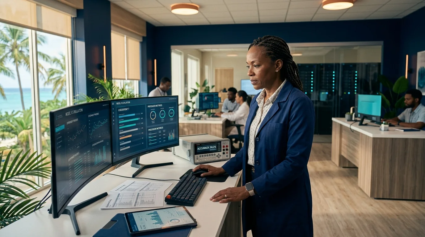An engineer reviews model-evaluation dashboards, precision metrics, and accuracy results at a workstation.