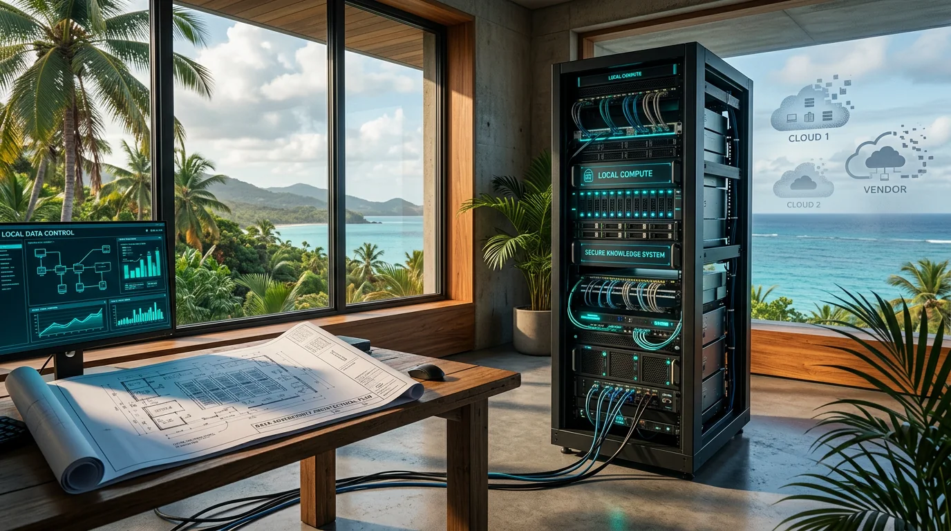 A local secure compute rack is contrasted with cloud and vendor services beyond the office.